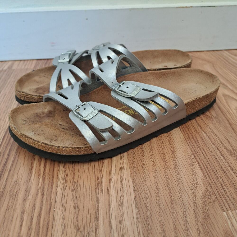 Birkenstock Granada Silver Leather Soft Footbed Sandals Size 39